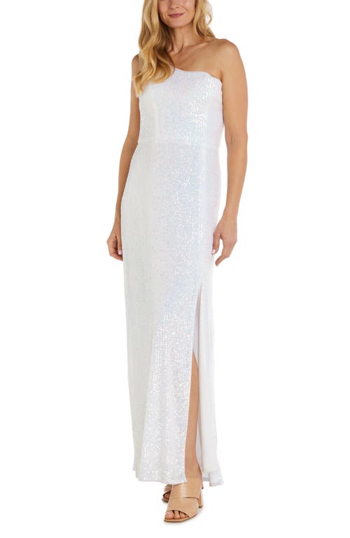 One-Shoulder Sequin Gown in White Rainbow