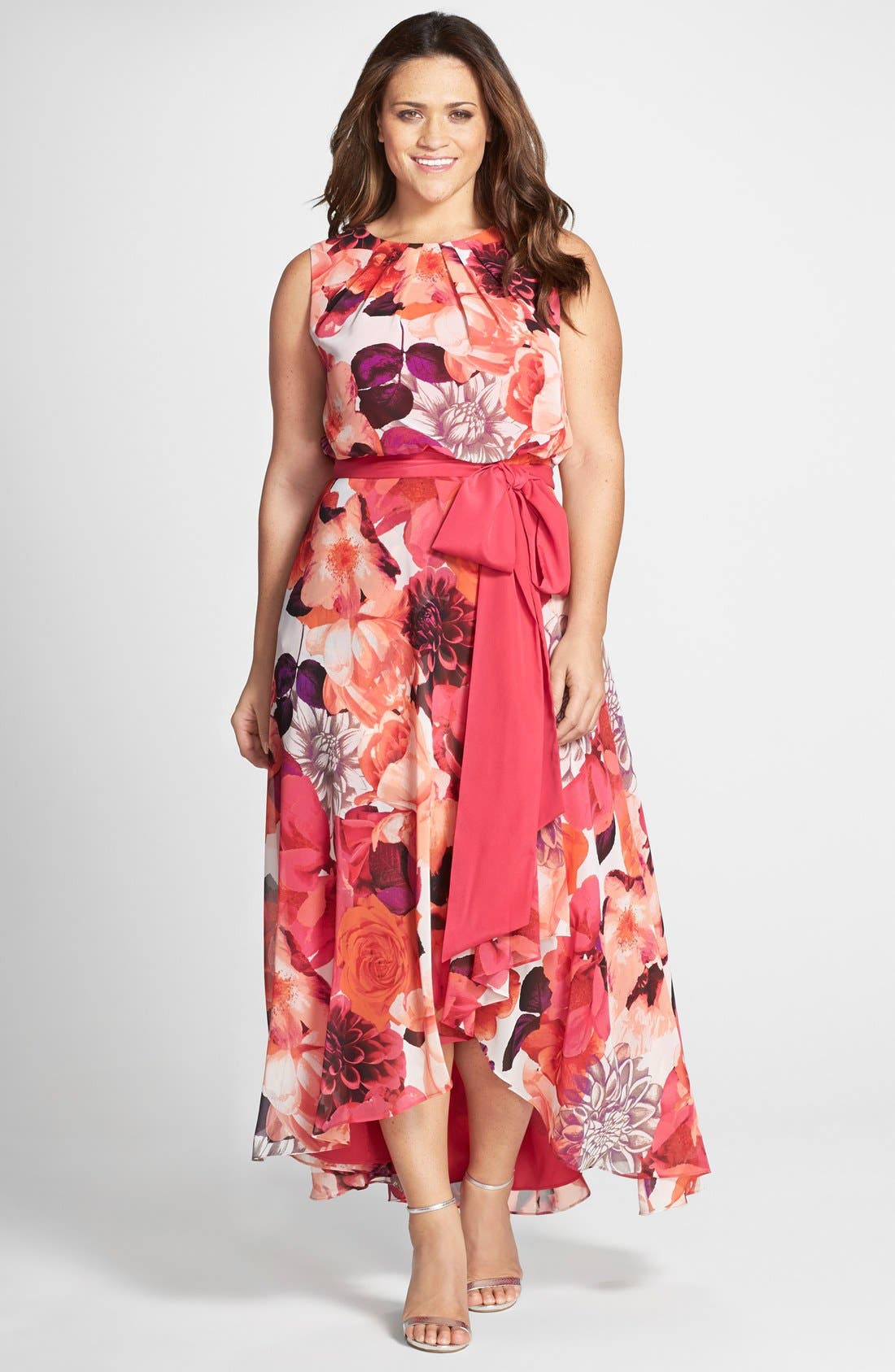 Eliza J Floral Print Sash Tie Sleeveless High/Low Hem Maxi Dress (Plus