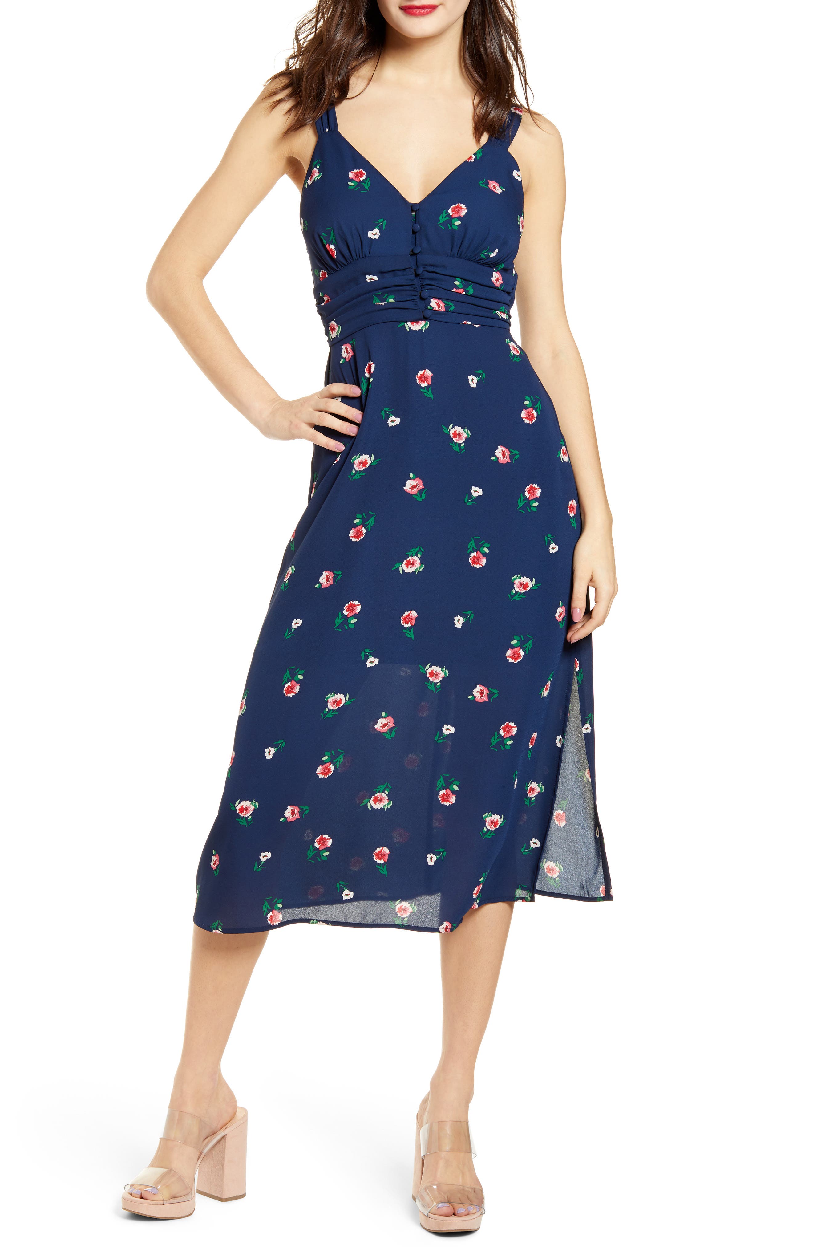 Row A Gathered Waist Button Front Crepe Midi Dress, Blue