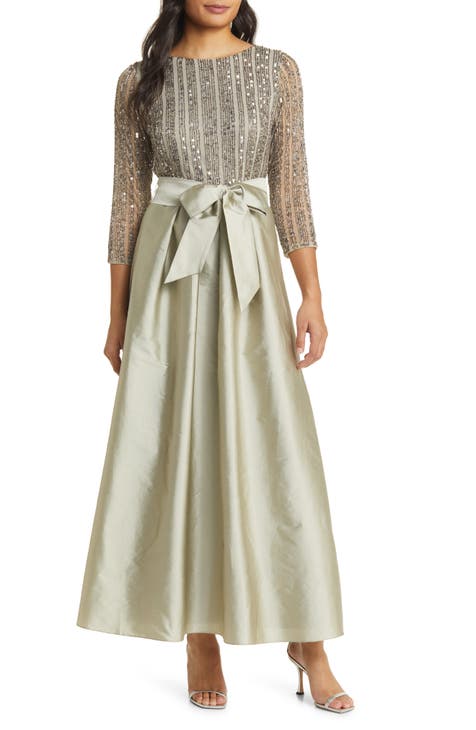 Bow Long Sleeve Sequin & Taffeta Gown