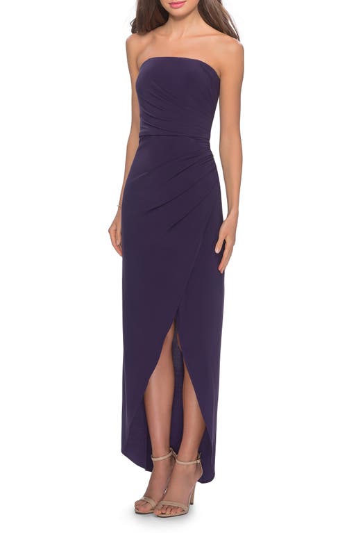 Strapless Ruched Soft Jersey Gown in Dark Purple