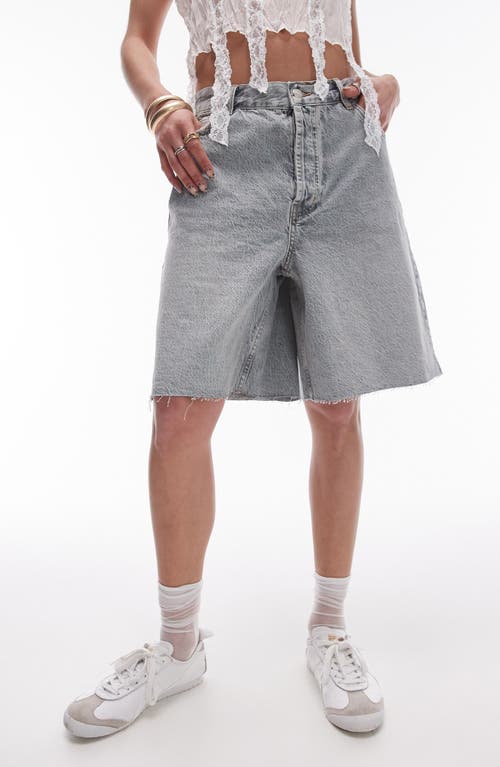 Shop Topshop Raw Hem Loose Fit Denim Shorts In Grey