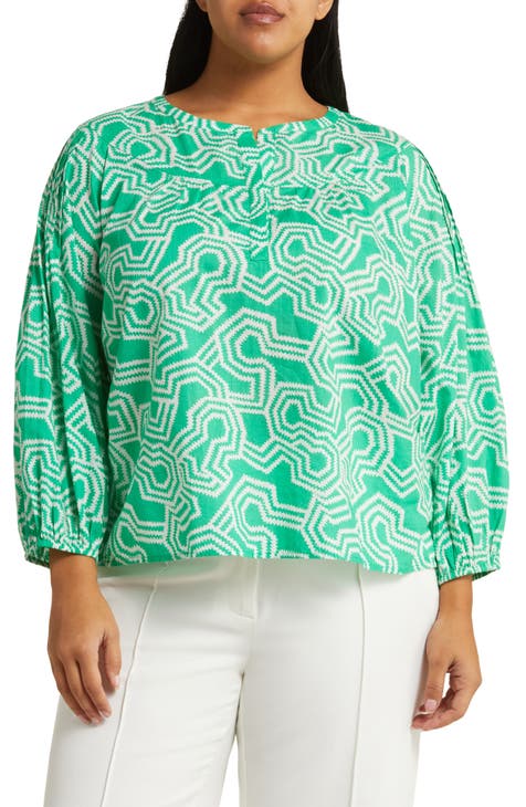 Print Split Neck Cotton Popover Top