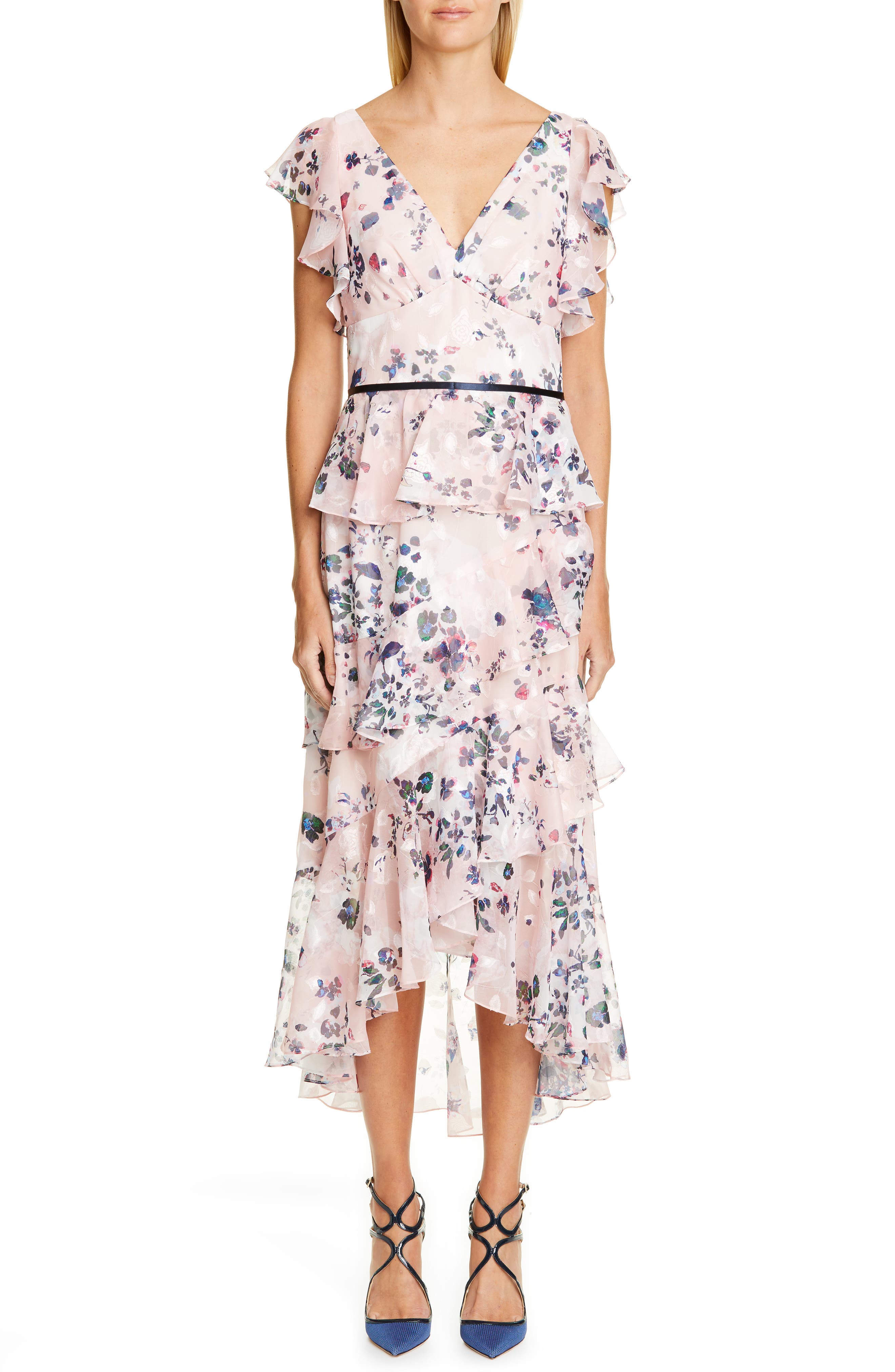 Marchesa Notte Floral Ruffle Tiered Midi Dress, Pink