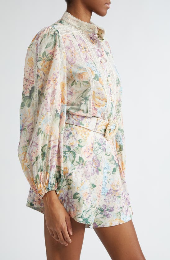 Shop Zimmermann Halliday Floral Lace Trim Balloon Sleeve Cotton Button-up Shirt In Multi Watercolour Floral