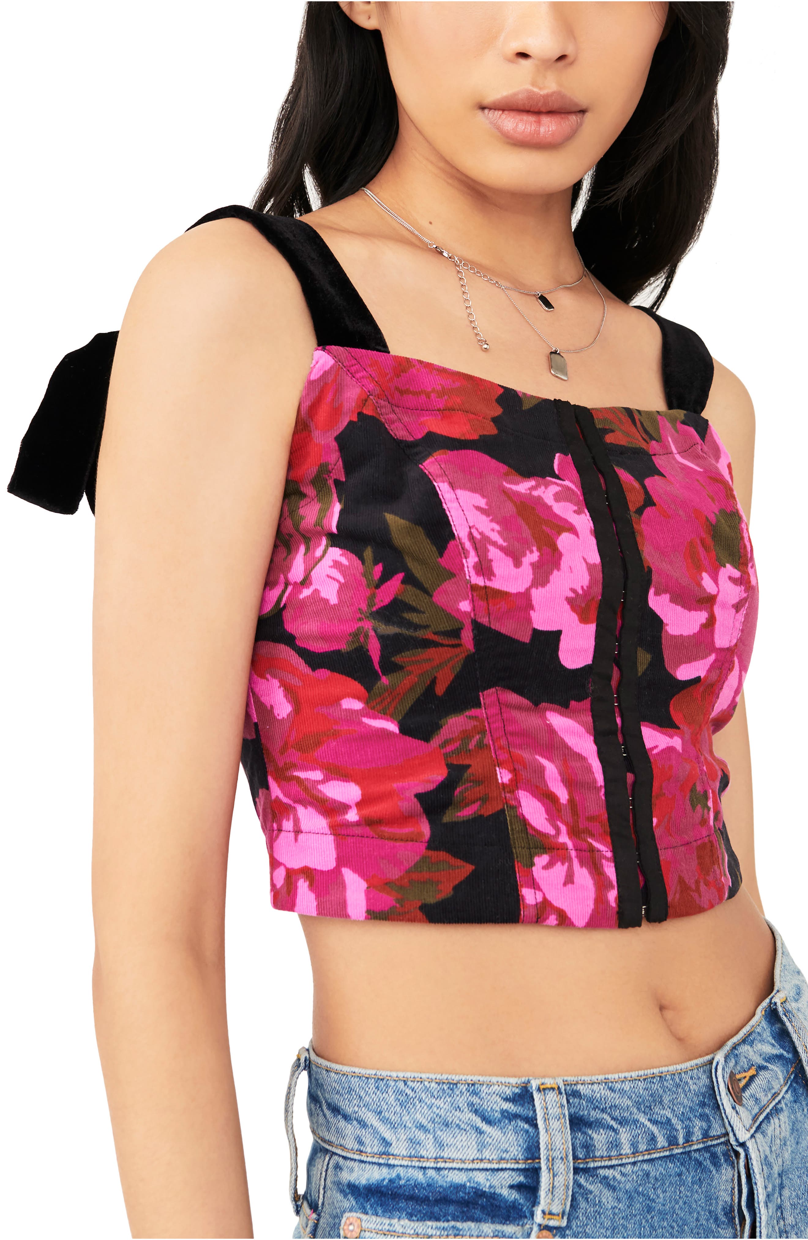 Black corset top with floral print