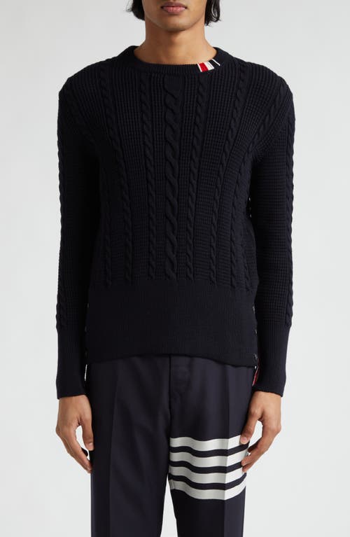 Thom Browne Cable Stitch Virgin Wool Crewneck Sweater Navy at Nordstrom,