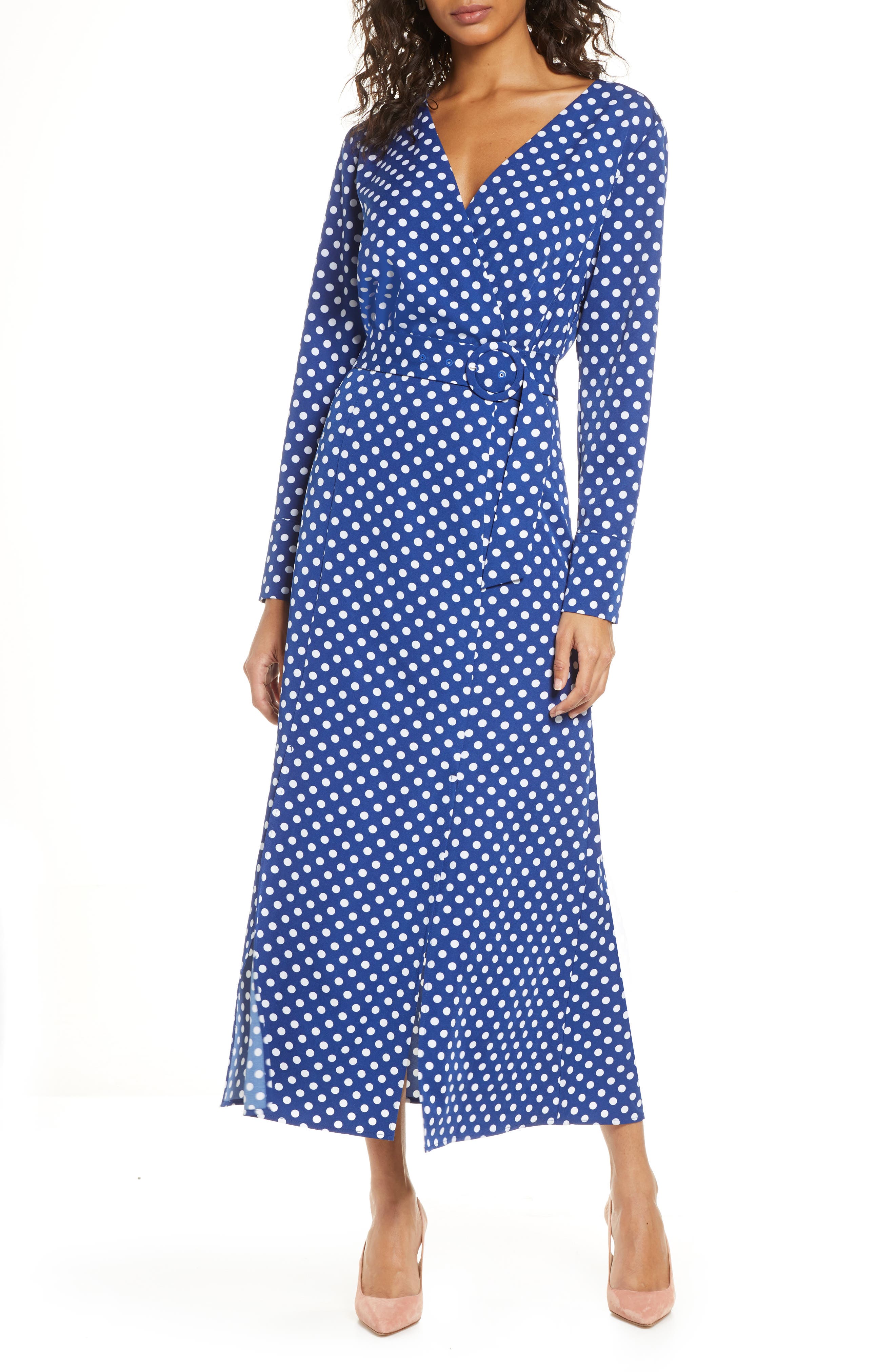 blue polka dot long sleeve dress