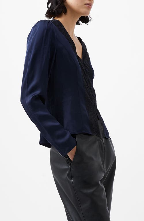 French Connection Ennis Lace Trim Satin Button-up Top In Marine-black