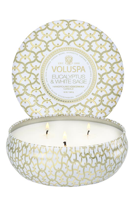 Voluspa Eucalyptus & White Sage Three Wick Tin Candle 12 Oz. In Eucalyptus