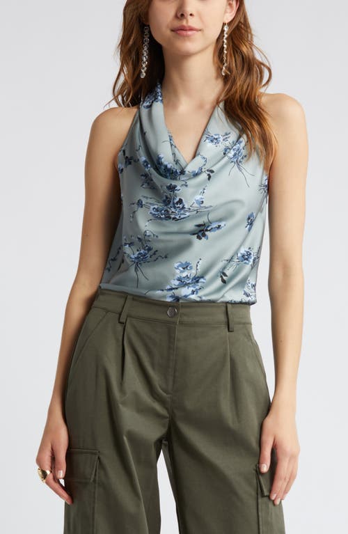 Cowl Neck Satin Tank in Green- Blue Smudge Floral