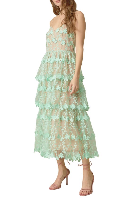 Shop Endless Rose Floral Embroidered Tiered Lace Midi Dress In Green