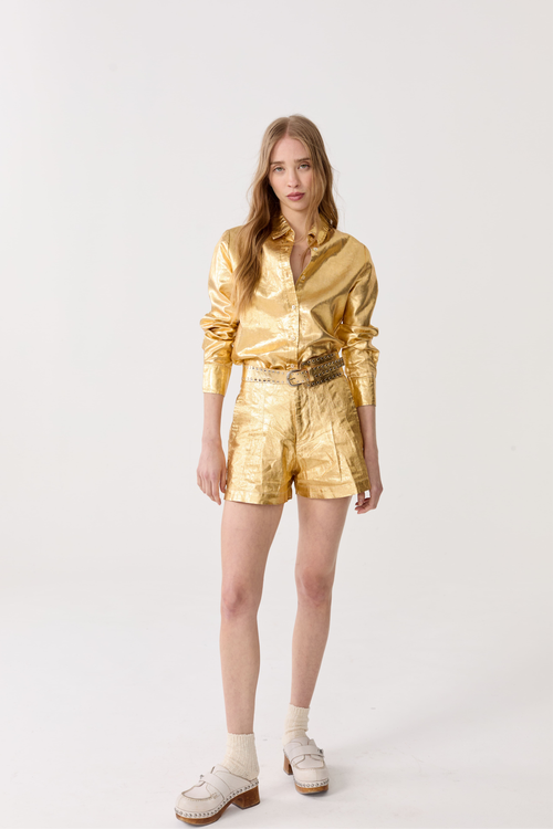 Lanhtropy San Marino Metallic Linen Shirt In Gold