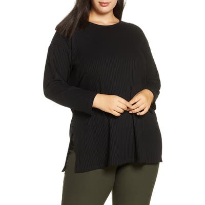 Plus Size Eileen Fisher Ribbed Long Sleeve Top, Black