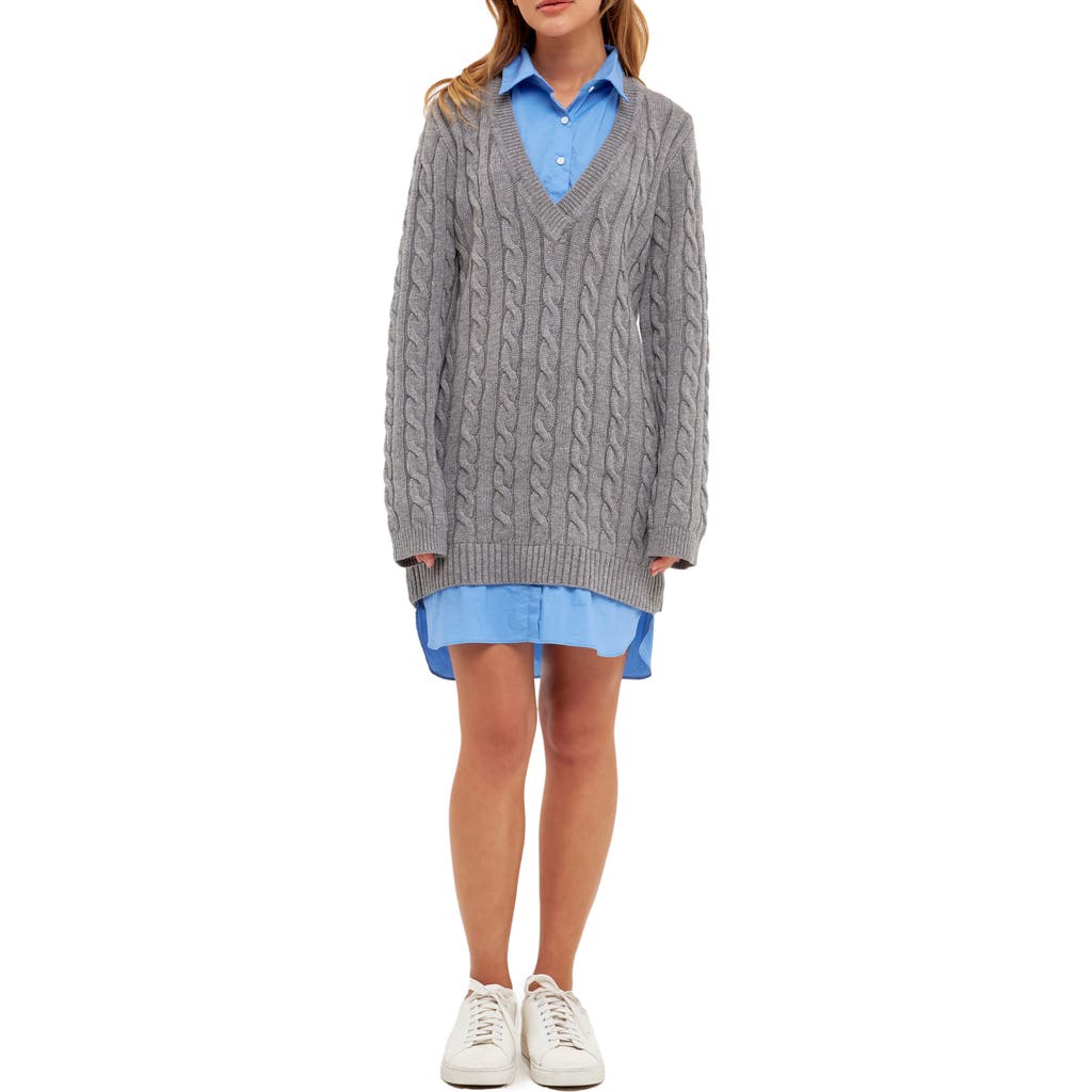 English Factory Mixed Media Cable Stitch Long Sleeve Sweater Dress In Grey/oxford Blue