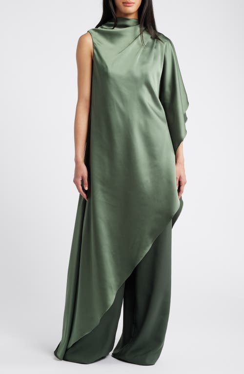 Shop Amsale Drape Wide Leg Satin Jumpsuit In Olive