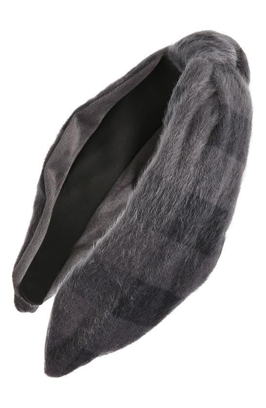 Tasha Fuzzy Plaid Knotted Headband In Gray