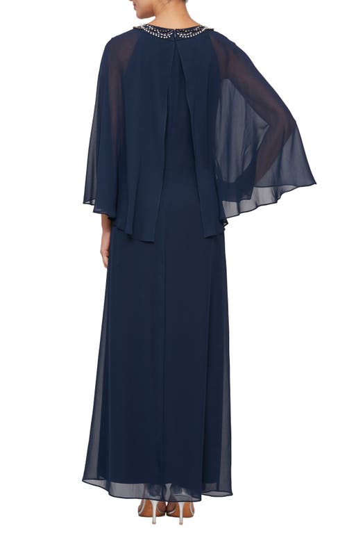 Sl Fashions Illusion Cape Chiffon Gown In Navy