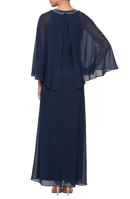 Shop Sl Fashions Illusion Cape Chiffon Gown In Navy