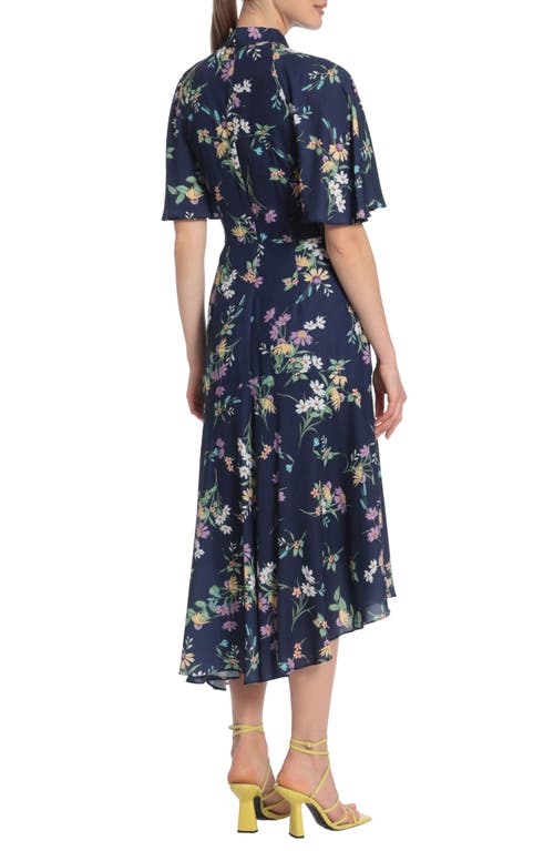 Shop Maggy London Floral Asymmetric Hem Midi Dress In Navy/orchid