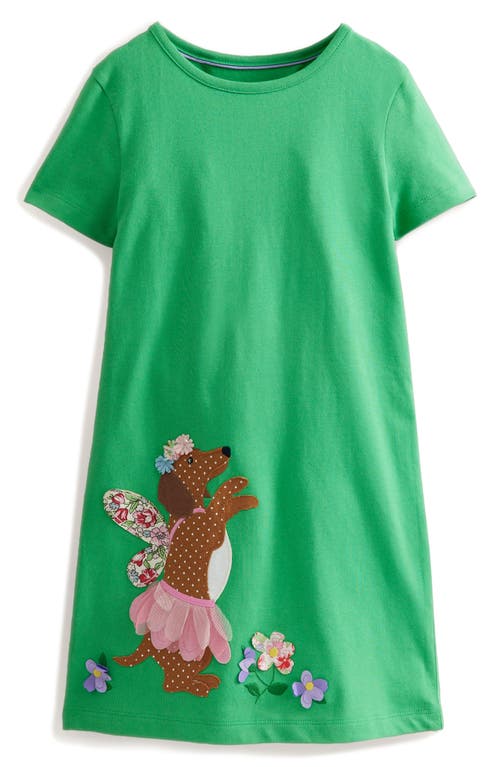 Mini Boden Kids' Appliqué Short Sleeve Jersey Dress Pea Green/Vanilla Pod Dog at Nordstrom,