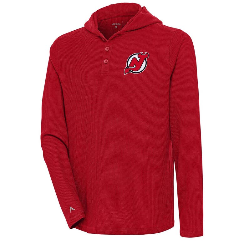 Shop Antigua Red New Jersey Devils Strong Hold Long Sleeve Henley Hoodie T-shirt