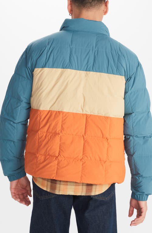 Marmot Ares Packable Recycled Nylon 700 Fill Power Down Puffer Jacket In Moon River/light Oak/tangelo
