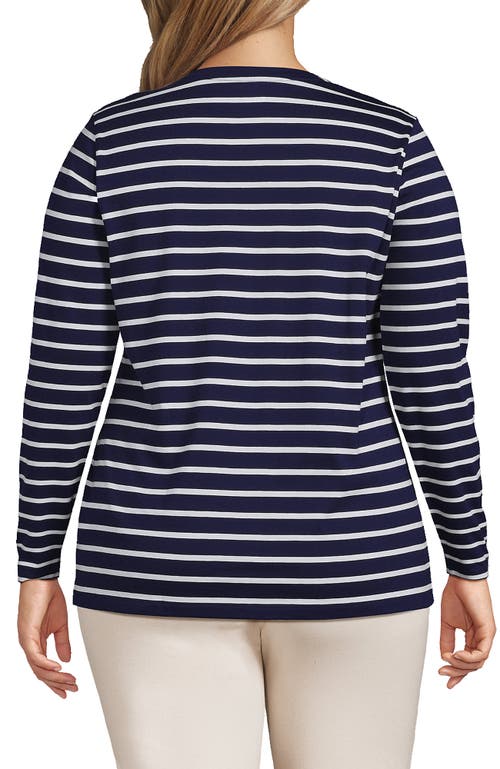 Shop Lands' End Plus Size Relaxed Supima Cotton Long Sleeve V-neck T-shirt In Deep Sea Navy Breton Stripe