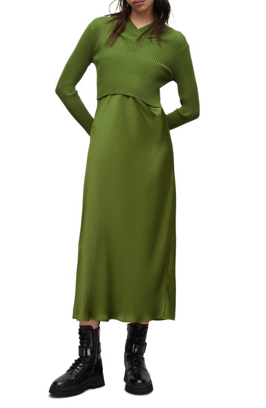 Allsaints Hana Mixed Media Long Sleeve Dress In Cactus Green