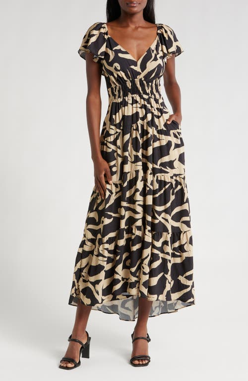 Melloday Printed Shirred Waist Tiered Maxi Sundress In Black/taupe Print