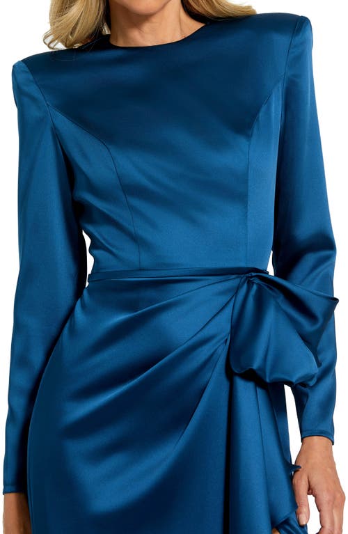 Shop Mac Duggal Satin Bow Long Sleeve Column Gown In Ocean Blue