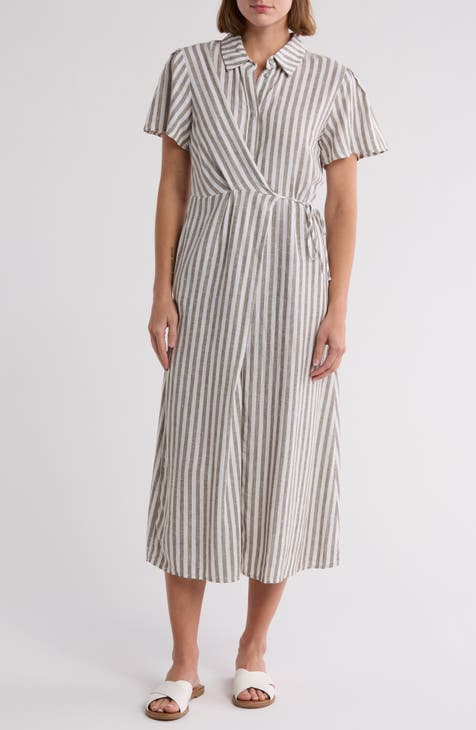 Stripe Linen Blend Faux Wrap Shirtdress