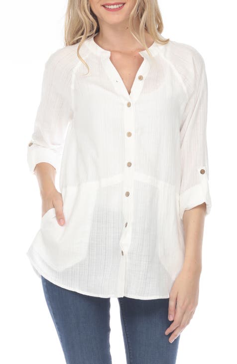 Long Sleeve Double Cotton Gauze Tunic Top (Plus Size)