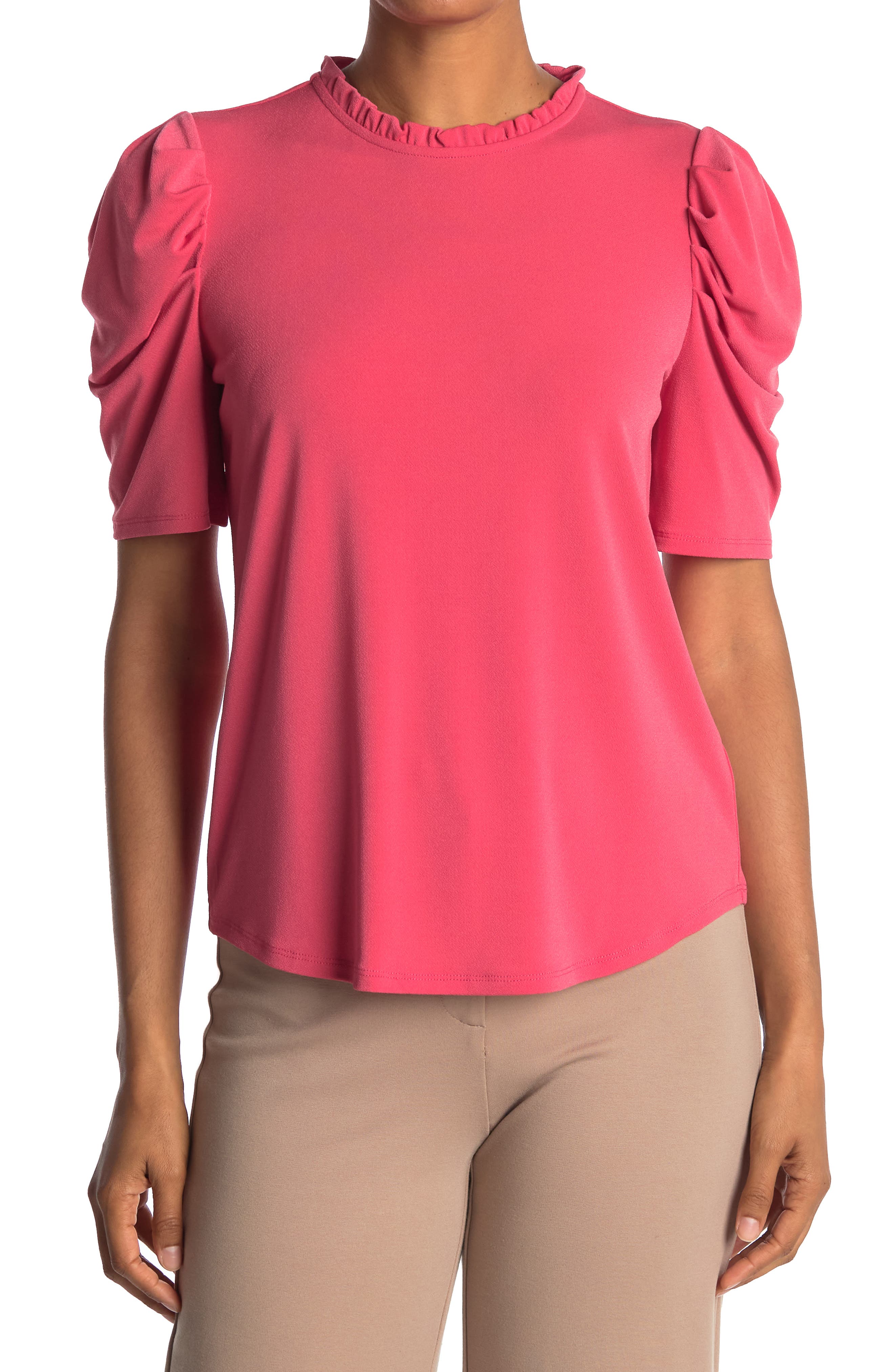 Adrianna Papell Ruffle Neck 3/4 Sleeve Moss Crepe Top In Pink Overflow