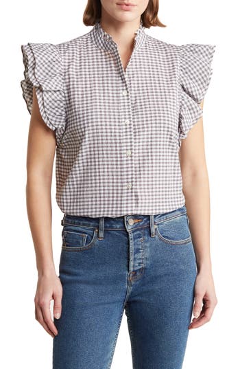 Philosophy By Rpublic Clothing Gingham Ruffle Button-up Shirt In Grey/white