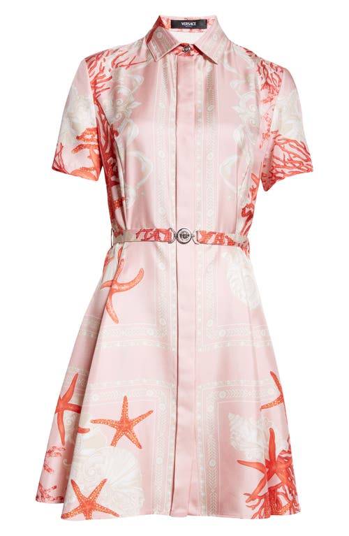 Shop Versace Barocco Sea Print Silk Satin Shirtdress In Dusty Rose Coral Bone