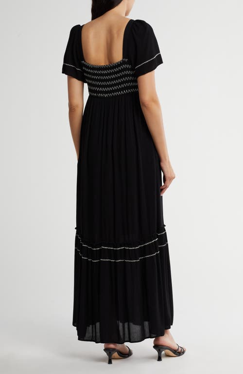 Shop Lovestitch Smocked Contrast Stitch Maxi Dress In Black/ivory