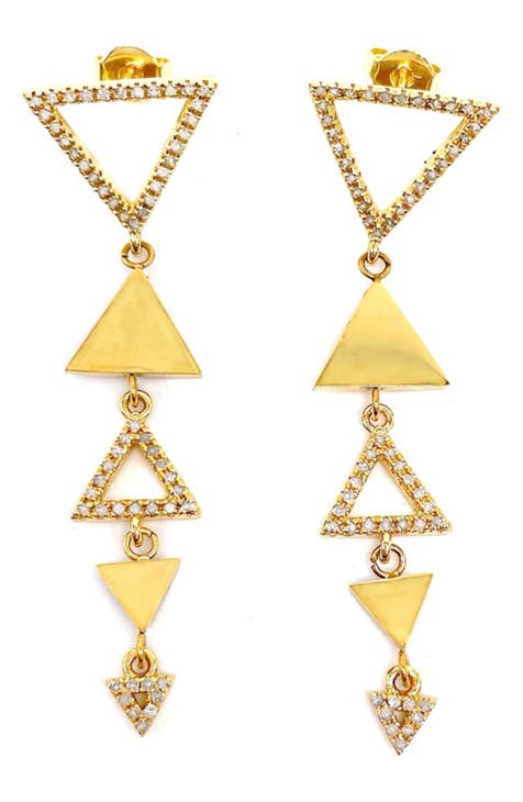 14K Yellow Gold Sterling Silver & Diamond Triangle Drop Earrings