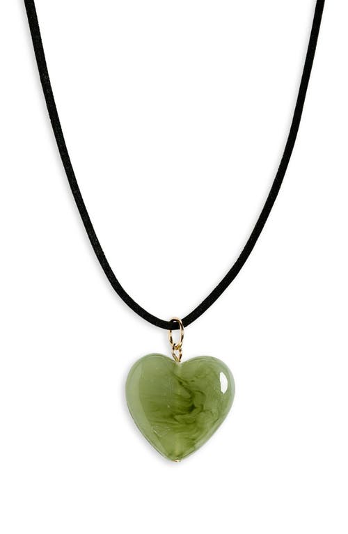 Puffed Heart Pendant Necklace in Black- Green