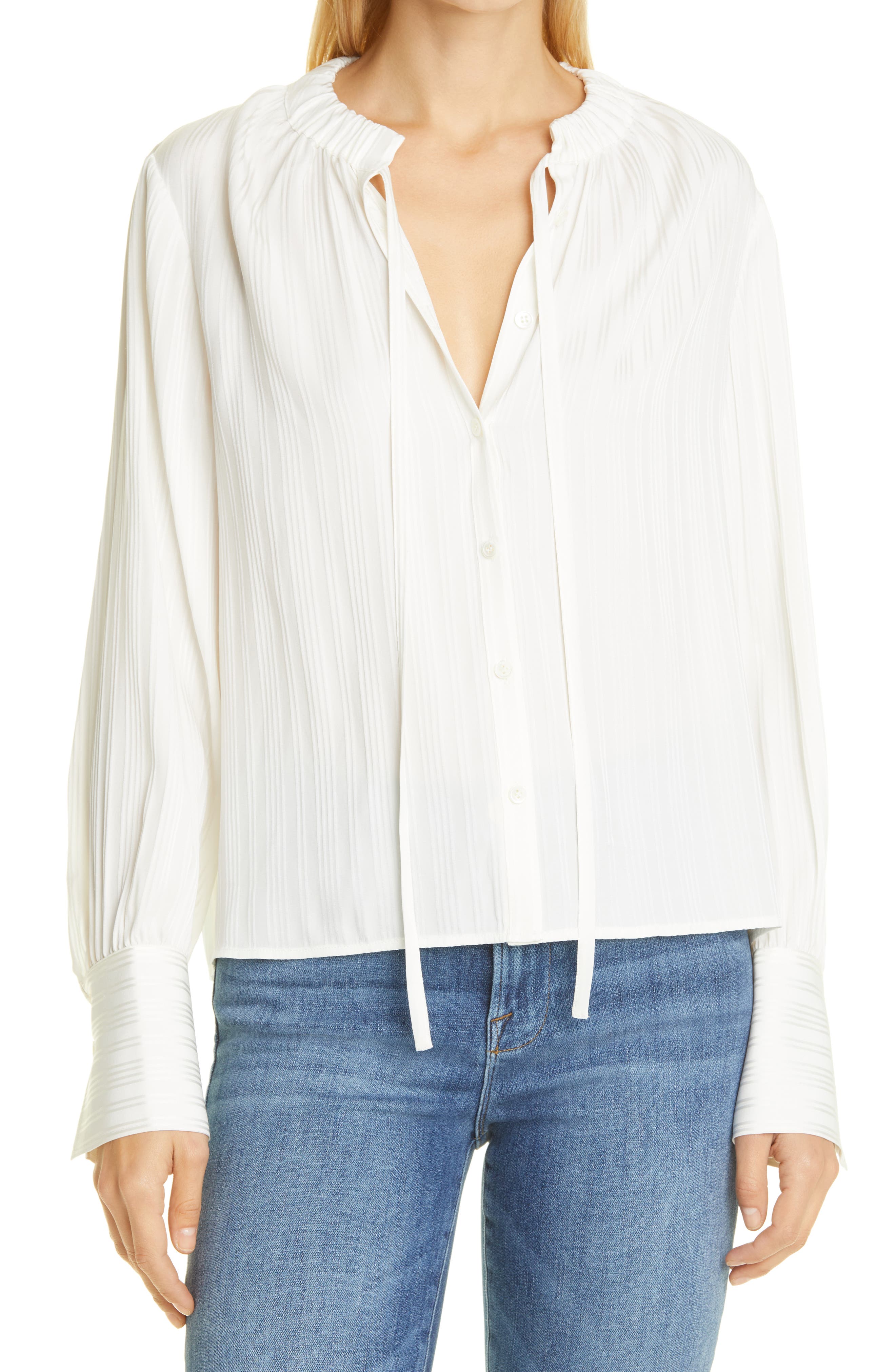 FRAME Shirred Neck Stretch Silk Blouse in Off White at Nordstrom, Size Small