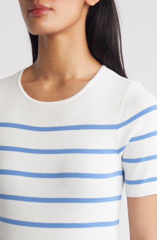 Tahari Asl Stripe Short Sleeve Sweater In Ivory Summer Sky