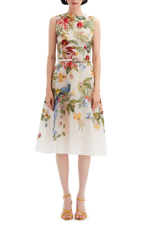 Oscar de la Renta Fauna Floral Belted Silk Blend Fil Coupé Fit & Flare Dress Ivory Multi at Nordstrom,