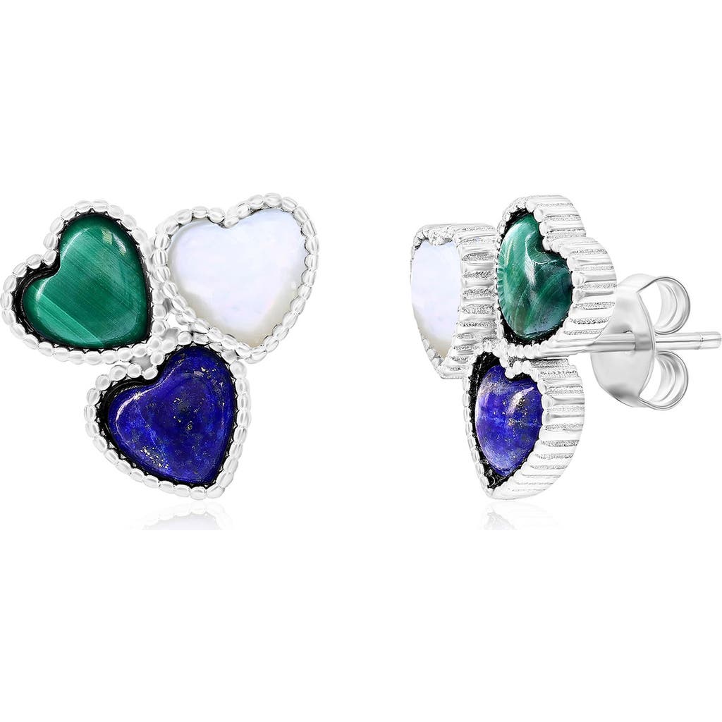Simona Sterling Silver Heart Cluster Stud Earrings In Lapis/mop/malachite