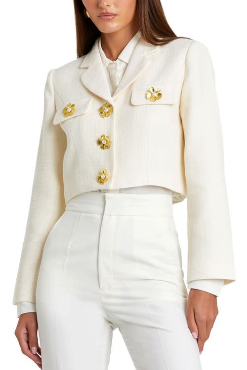 Mac Duggal Cropped Tweed Floral Button Jacket In Cream