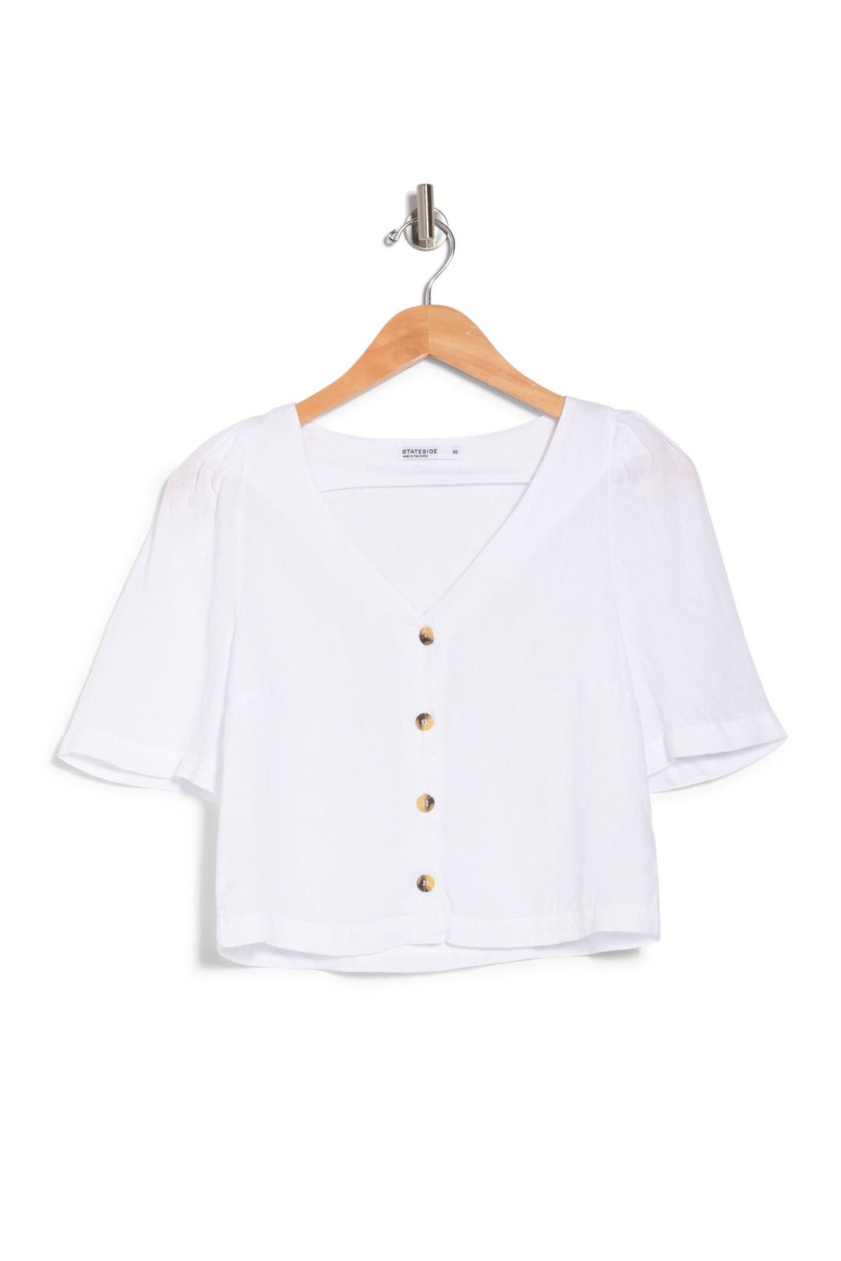 Stateside Linen Puff Sleeve Button Up Top In White