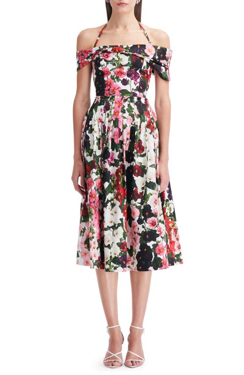 Oscar De La Renta Hollyhocks Off The Shoulder Halter Stretch Cotton Poplin Midi Dress In Black