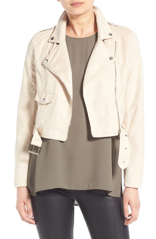 Missguided Crop Faux Suede Moto Jacket In Stone