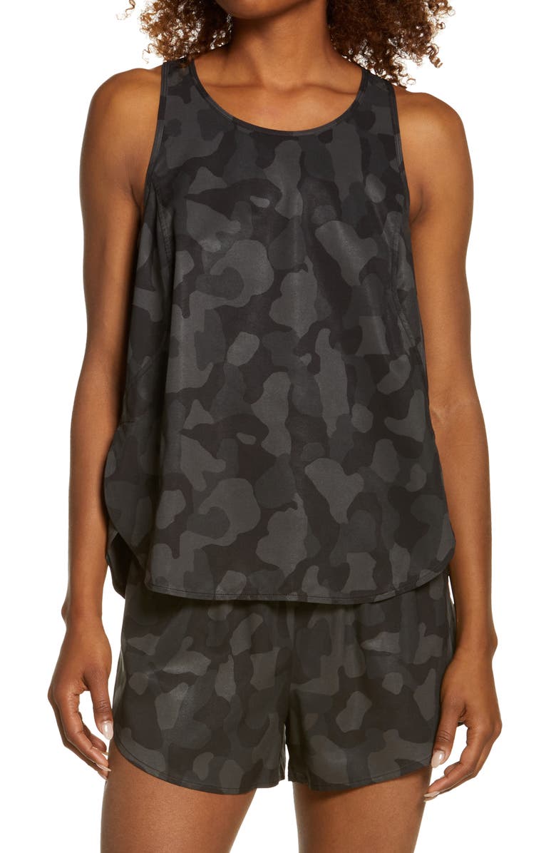 ZELLA Run In Stretch Woven Tank, Main, color, BLACK CAMO
