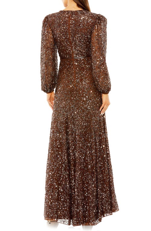 Shop Mac Duggal Sequin Balloon Sleeve Gown In Chocolate