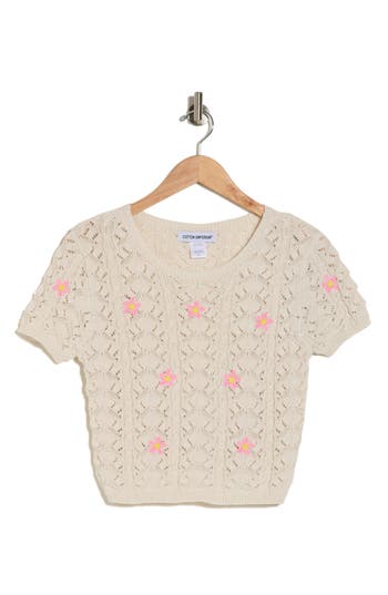 Cotton Emporium Pointelle Stitch Embroidered Sweater In White